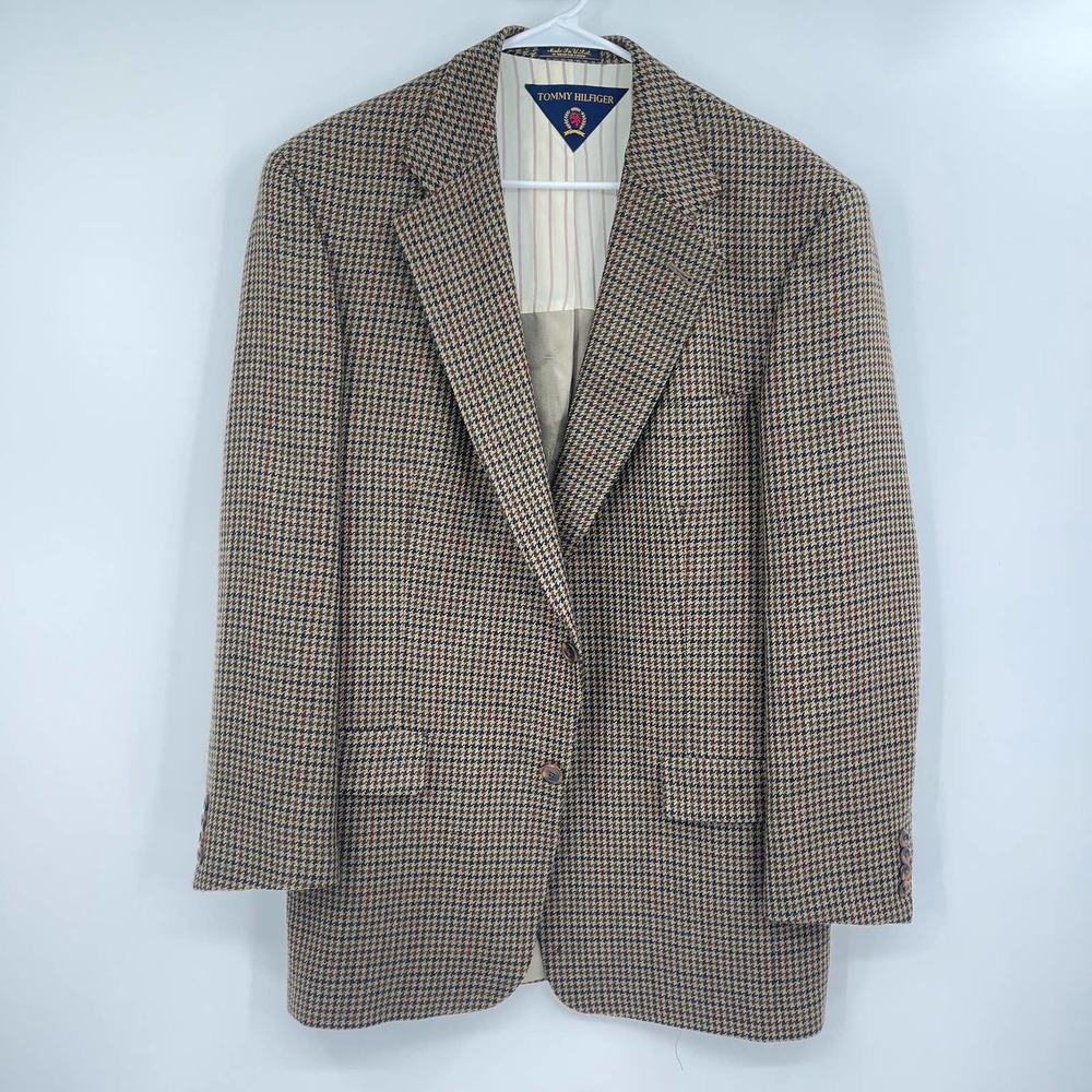 Tommy Hilfiger Houndstooth Plaid Sportscoat Blazer Regular Fit Brown Mens Sz 42R